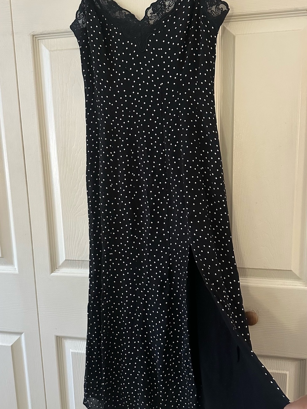 Reformation Black with White Polka Dots Lace-Trim Midi Slip Dress w/Split Sz 4 - Picture 8 of 15